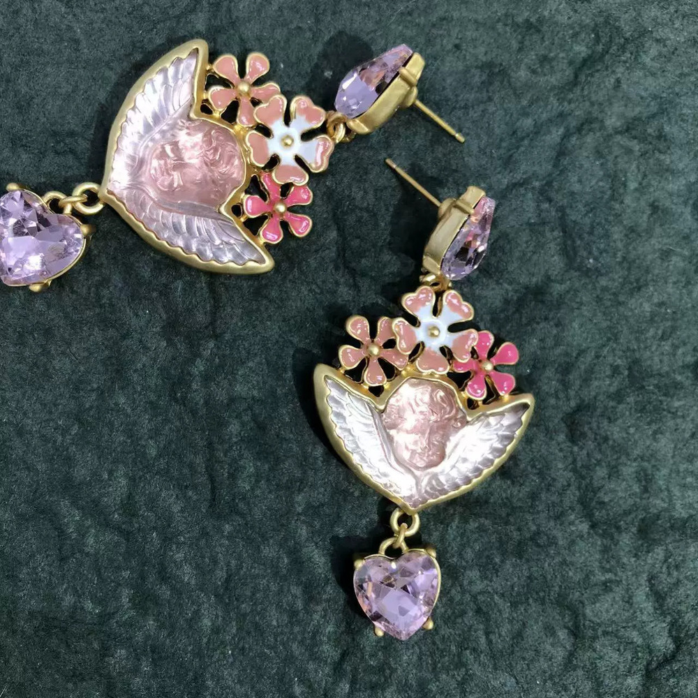 Vintage Garden Cherub Enamel Flower Pink Heart Crystal Drop Earrings